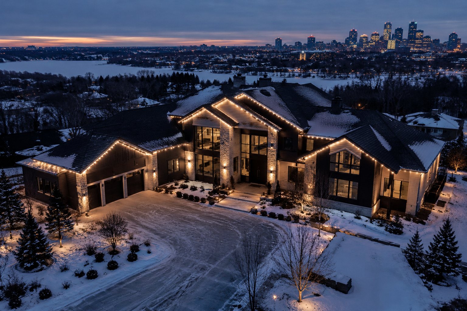 Snow-covered home with warm white roofline lighting and a city skyline at twilight